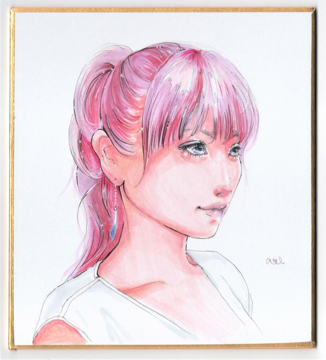 手描き似顔絵、あなたの髪色をピンク色に変化させます ミニサイズ色紙で原画をお届け、プレゼントにおススメです。