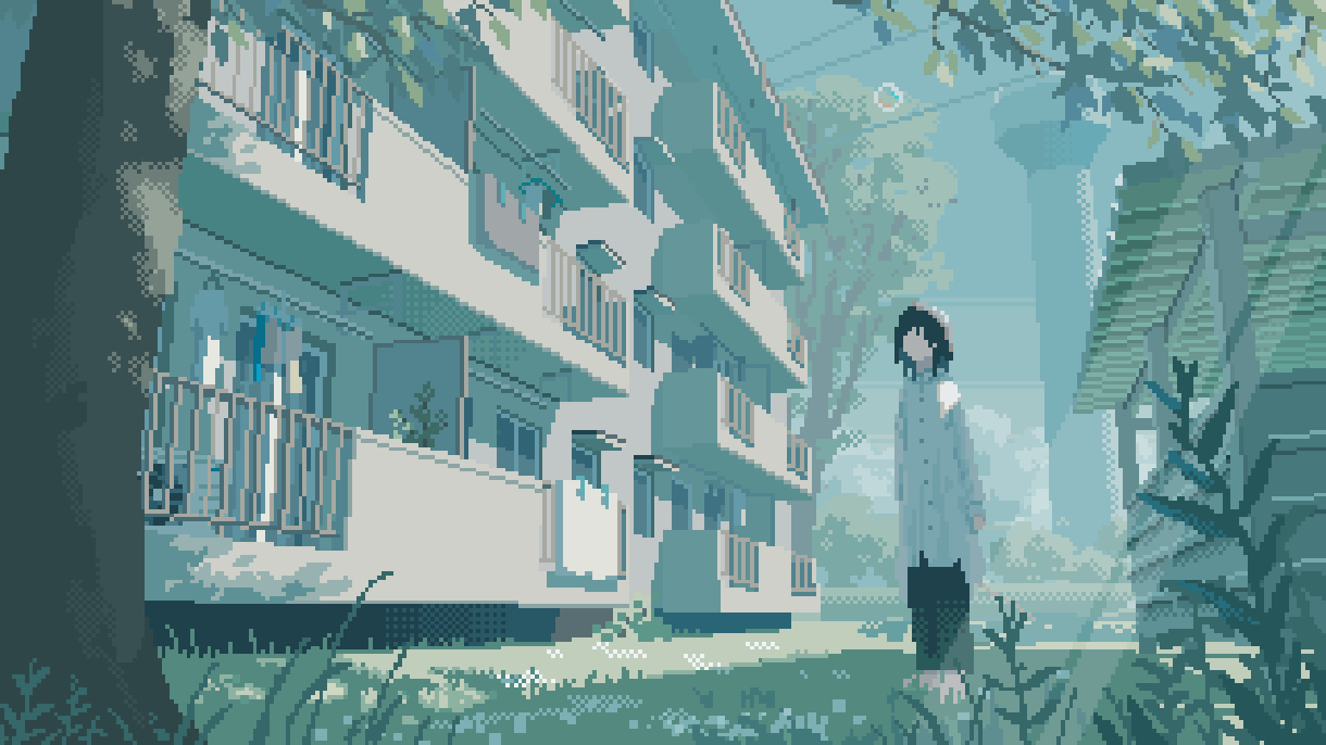 空気感のある背景のドット絵を描きます 風景とキャラを描いたドット絵　ゲームやMV、挿画や表紙などに イメージ1