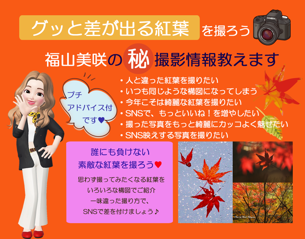 差が出る紅葉の撮り方♪福山美咲の㊙写真情報教えます いろいろな紅葉の撮影術を、画像と共にアドバイス付で学べます♡