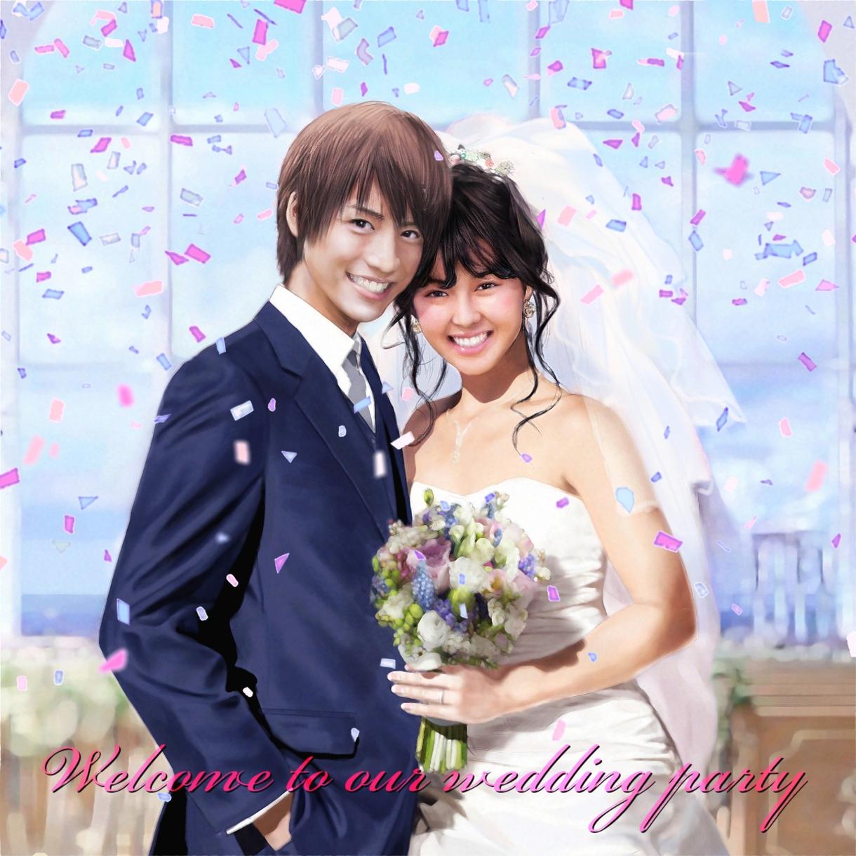 リアルタッチのウェルカムボードを描きます 美しい新郎新婦のイラストをお描きいたします