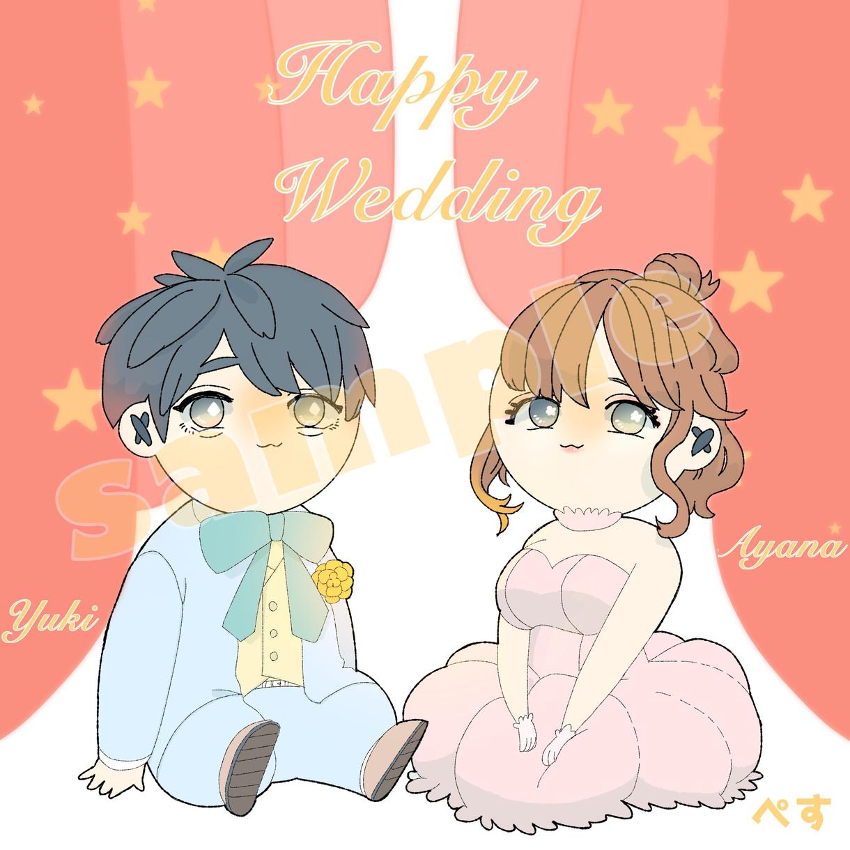 ポップなイラストで結婚式のウェルカムボード描きます もちもちまるまる人形風の結婚式イラストボード
