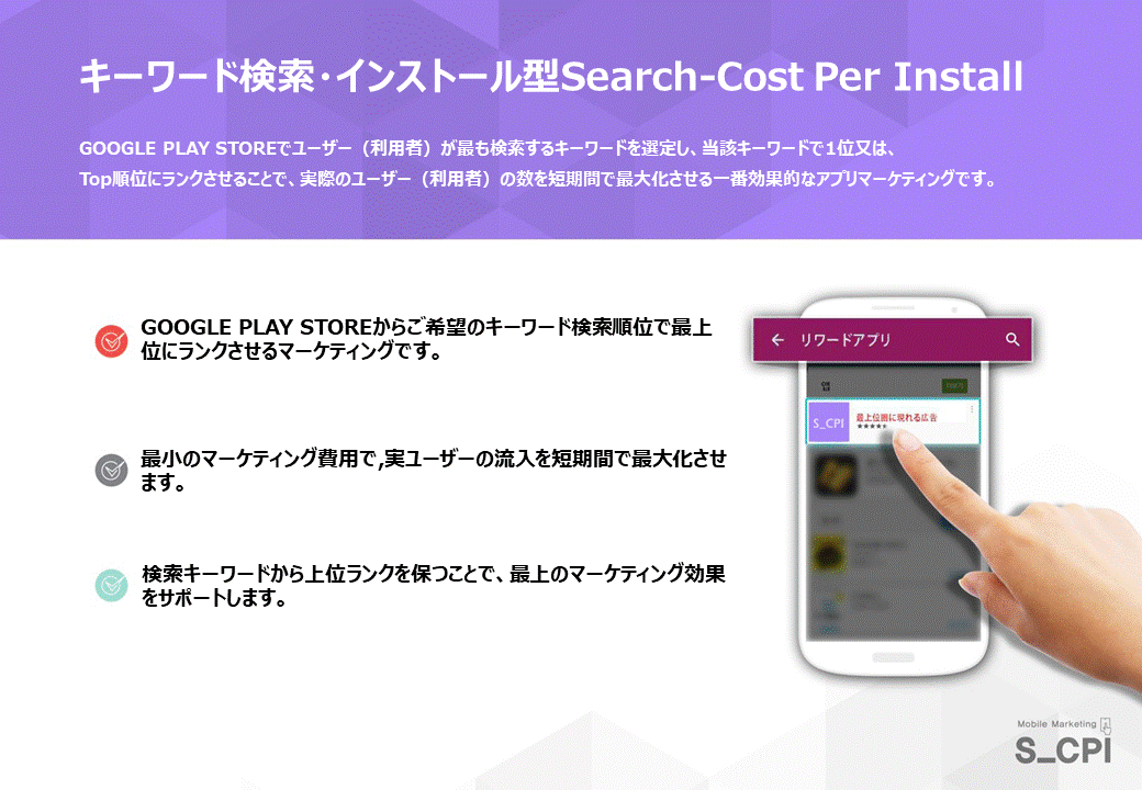 アプリの広告(キーワードの順位上昇)ます アプリの広告、ランクアップ、実ユーザーの増加 イメージ3