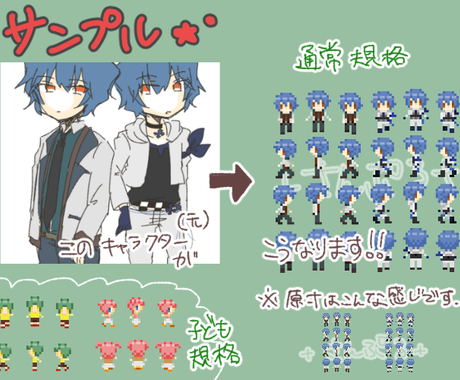 ウディタ用人物のキャラチップ作成します シンプル可愛い 感じの歩行グラフィックです イラスト作成 ココナラ