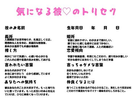 好きな彼のトリセツ作ります 気になる人と仲良くなるには具体的にお伝えします 恋愛 ココナラ
