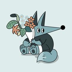 花束を抱えたオオカミ