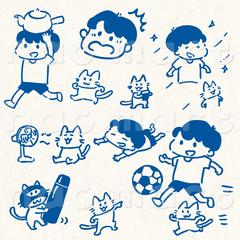 夏をイメージした、男の子と猫のほんわかゆるかわいいイラスト