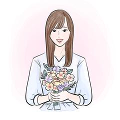 水彩タッチ　真正面からの花束を持つ女性