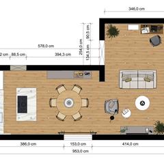 平面図: オープンキッチン&リビング+書斎スペース