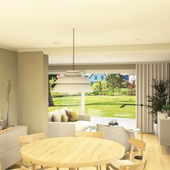 ダイニングからリビングを通り、庭を望む