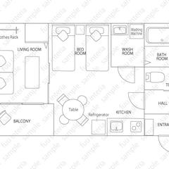 手書き家具入りワンカラー間取り図　民泊