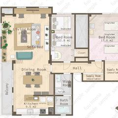 手書き家具入りフルカラー間取り図　民泊