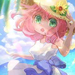 麦わら帽子を抑える白ワンピースの少女