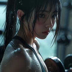 AIで作ったスポーツジムで筋トレする女性です。