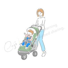 ベビーカーで散歩する親子のイラスト