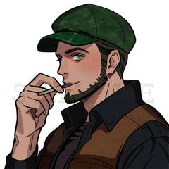 ハンチング帽をかぶった髭の男性