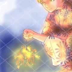 線香花火と浴衣女性