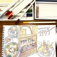 カフェの外観と食べ物イラスト