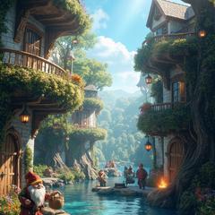 ファンタジー風の小人の村と美しい水辺の風景