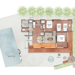 水彩タッチの手書き風間取り図｜民泊 3LDK・1階建て