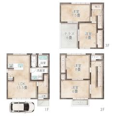 水彩タッチの手書き風間取り図｜賃貸売買 4LDK・3階建て