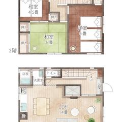 水彩タッチの手書き風間取り図｜民泊 3LDK・2階建て
