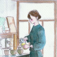 お茶をいれる女性のイラスト