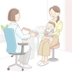 病院で診察を受ける赤ちゃんとそのお母さん