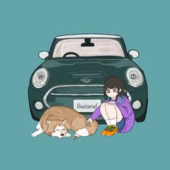 MINIの車とハスキーと女の子