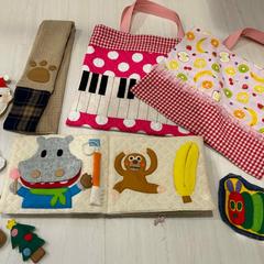 通園バッグや小物、布絵本、マフラーを作成しました