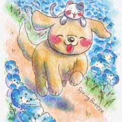 ネモフィラと犬と猫の春風｜温かみあふれるアナログ水彩風