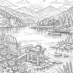 「陽が登りきっていない早朝の湖畔の癒しの風景で」