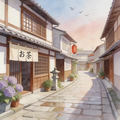 静かな石畳の路地に差す朝の光