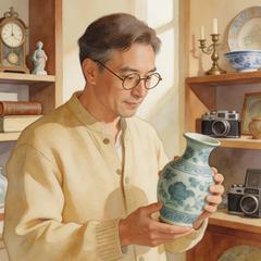 陶器の魅力を見つめる老人の静かなひととき
