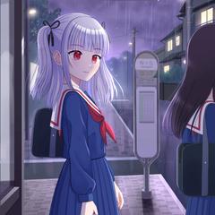 オリジナルイラスト（雨降りバス停でバスを待つ女子高生）