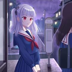 オリジナルイラスト（雨降りバス停でバスを待つ女子高生）