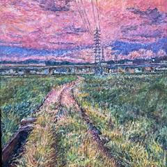 （油彩画）夏の夕暮れと鉄塔：P30号