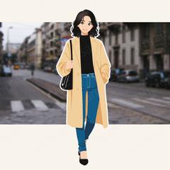 コートを着て歩く女性キャラクター