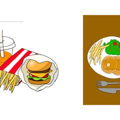 ハンバーガーセットのイラストとパンケーキのイラスト