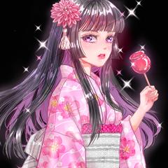 リンゴ飴を持つ女の子　黒髪の日本人形の様な美少女　