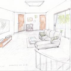 らせん階段のある住宅リビングパースイラスト