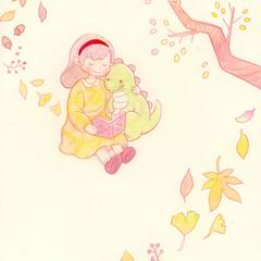 秋の恐竜の子に読み聞かせをする女の子のイラスト