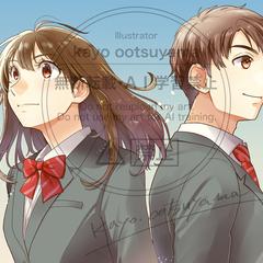 『淡い朝焼け・夕焼けを背景に背中合わせの男女の学生』