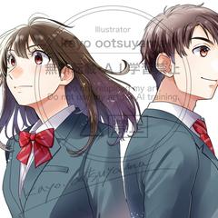 緑色の制服ブレザー・背中合わせの男女の学生のイラスト背景なし
