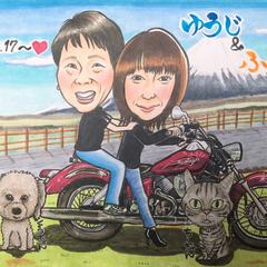 お客様の愛車と愛犬愛猫との似顔絵です。