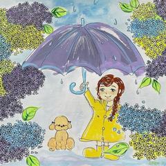 傘の女の子と犬(アクリル絵の具)