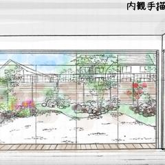 お庭を眺める内観手描きパース