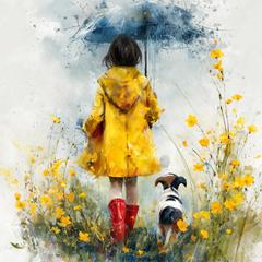 ★雨の中を散歩する女の子と子犬