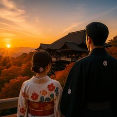 夕日の中清水寺を眺めるカップル