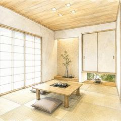 琉球畳の和室内観パース（水彩手描き風）