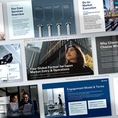 海外向け経営コンサル事業の会社案内パワーポイント資料デザイン